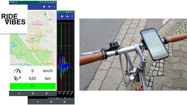Benutzeroberfläche der App und Montage des Smartphones am Fahrradlenker.
