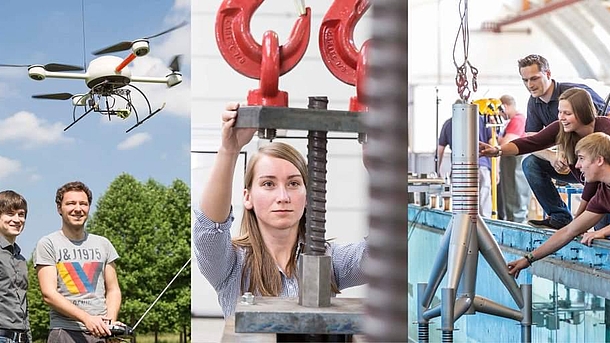 Collage: Geodäsie-Studierende steuern einen Copter. Studentin stellt einen massiven Versuchsaufbau ein. Studierende testen eine Gründungsstruktur für eine Offshore-Windenergieanlage.